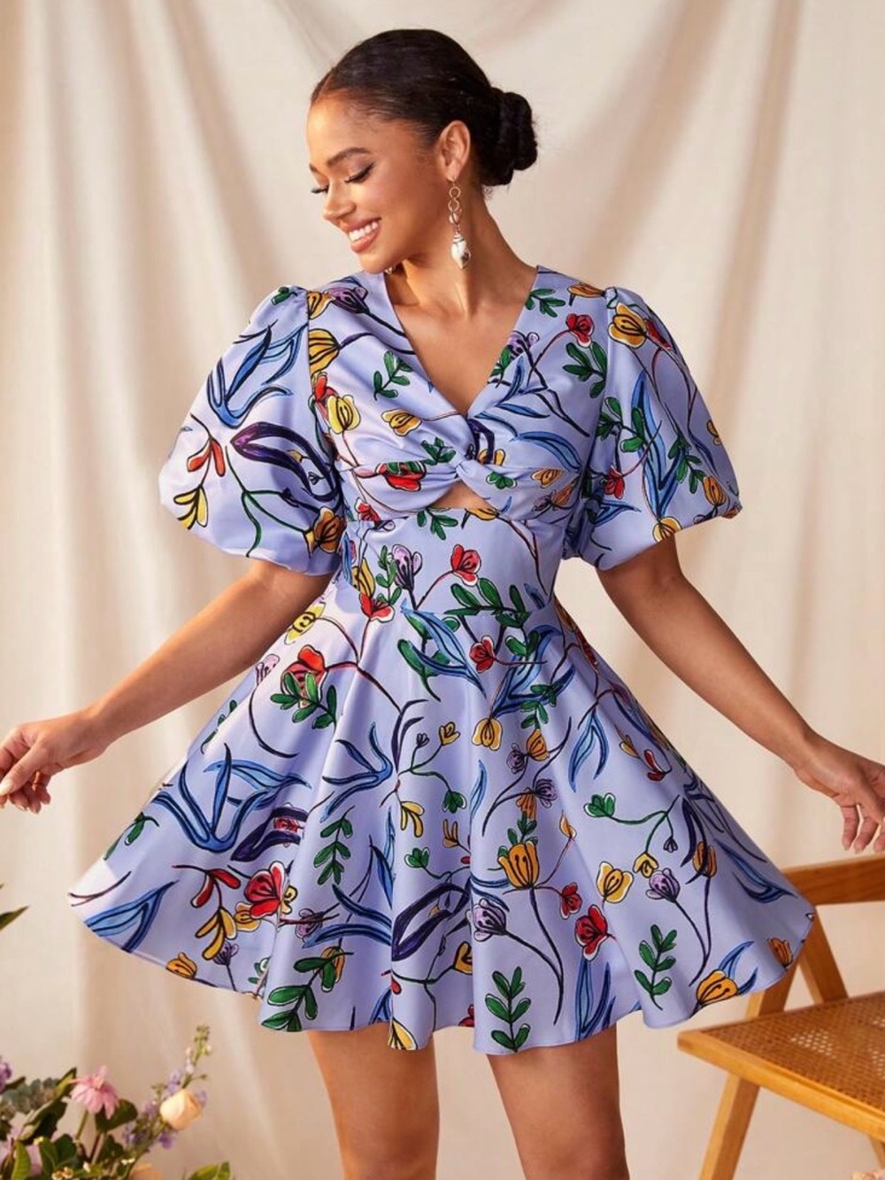 SHEIN Lavender Floral Twist-Front Mini Dress